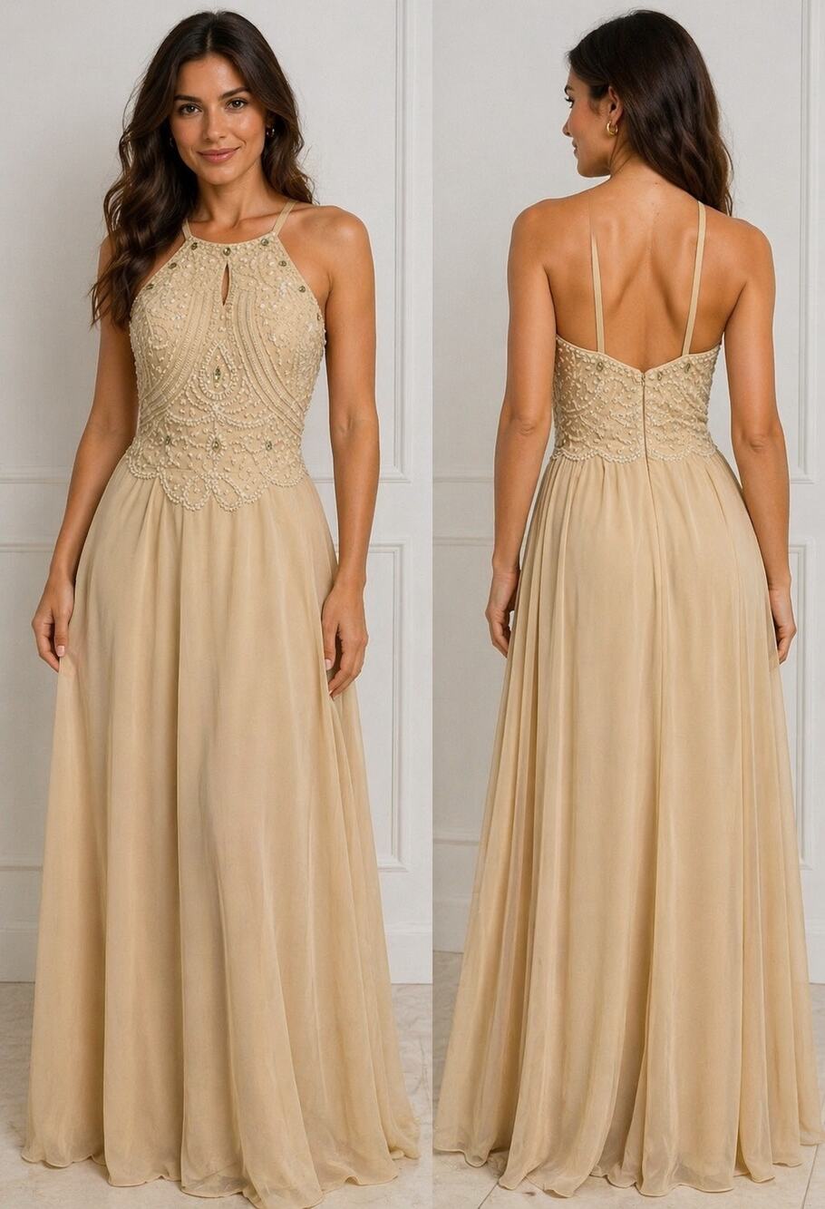 Formal gown Champagne Beaded Maxi Dress Formal Prom Evening Gown 4 Embellished